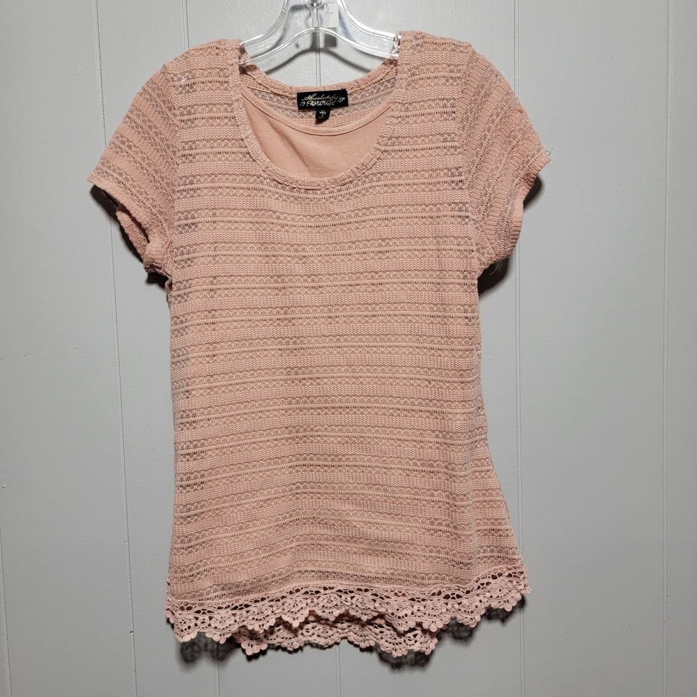 Absolutely Famous Pink Lace Crochet Knit Short Sleeve Top Women's Medium